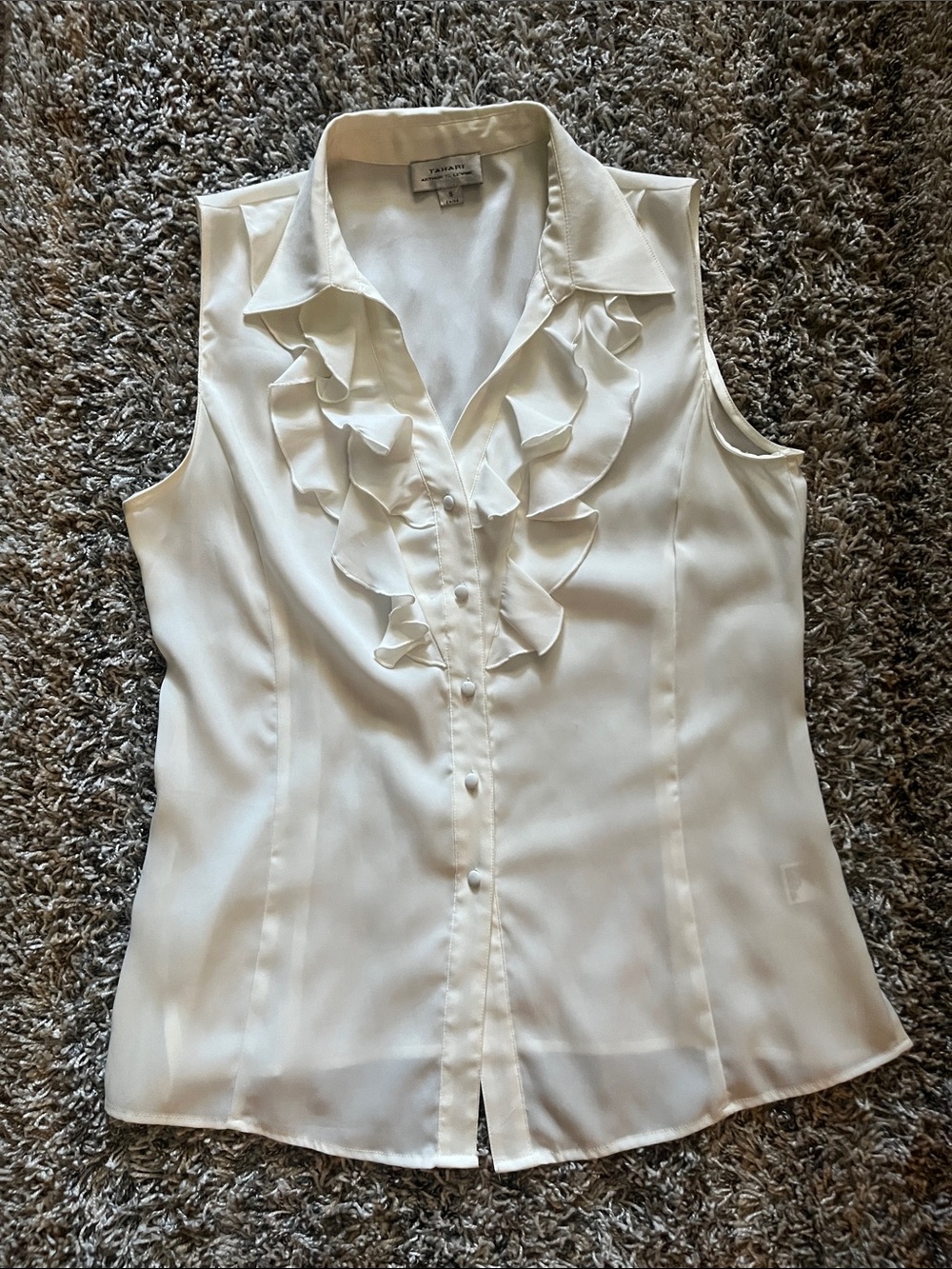 Tahari ASL Ivory Sleeveless Ruffle-Front Button Blouse